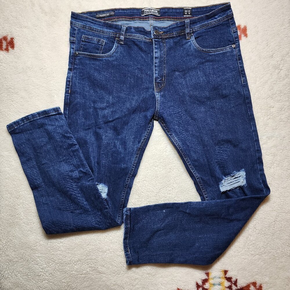 Pull Bear Blue Denim Skinny Jeans 38 x 30 Distressed Dark Wash Mid Rise Stretch